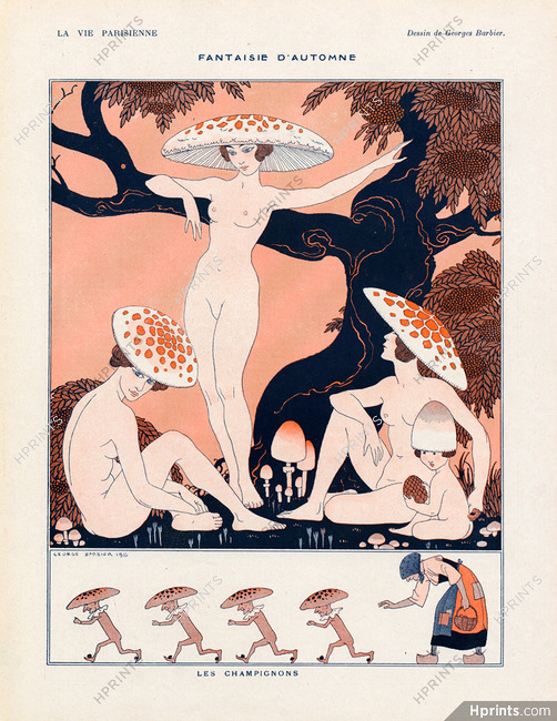 George Barbier 1916 Les Champignons, Fancy Autumn Mushroom Women Nude