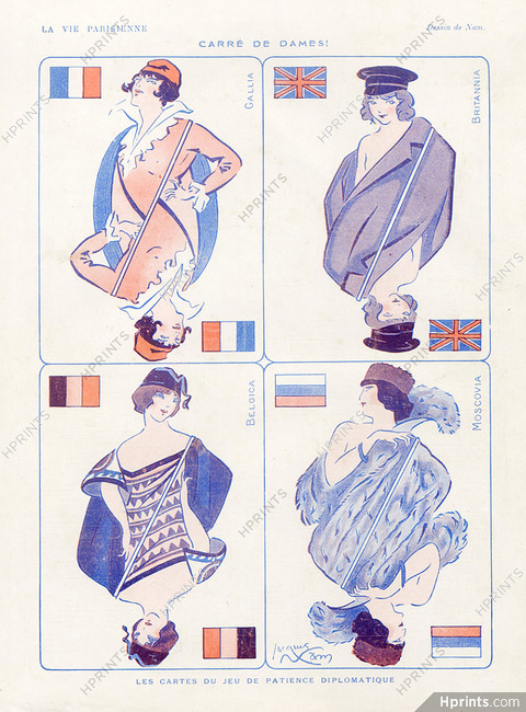 Jacques Nam 1916 ''Carré de dames'' Playing Cards, Gallia, Britannia, Moscovia, Belgica...Flags