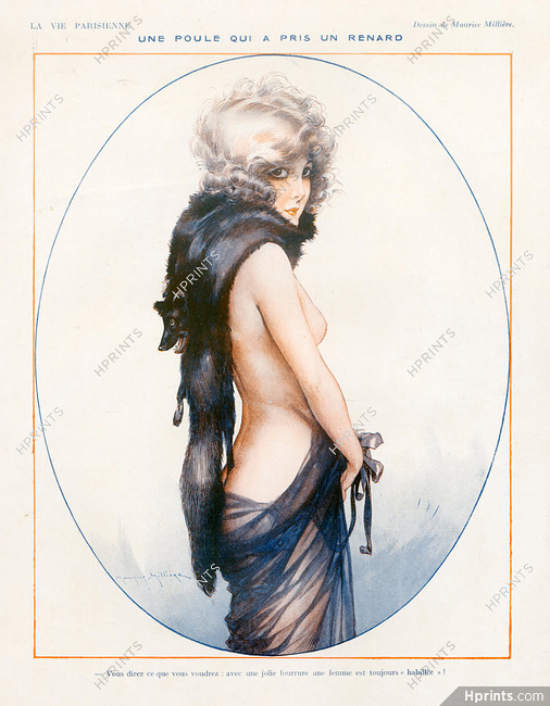 Maurice Millière 1923, Sexy Girl, Topless, Fox, Fur
