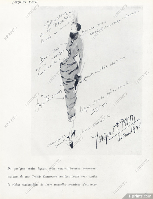 Jacques Fath 1948 Drawing, Autograph
