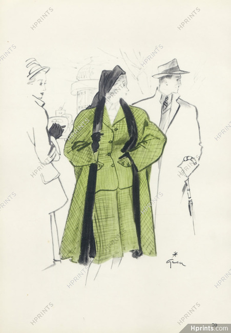 Paquin 1945 Winter Coat, René Gruau Fashion Illustration