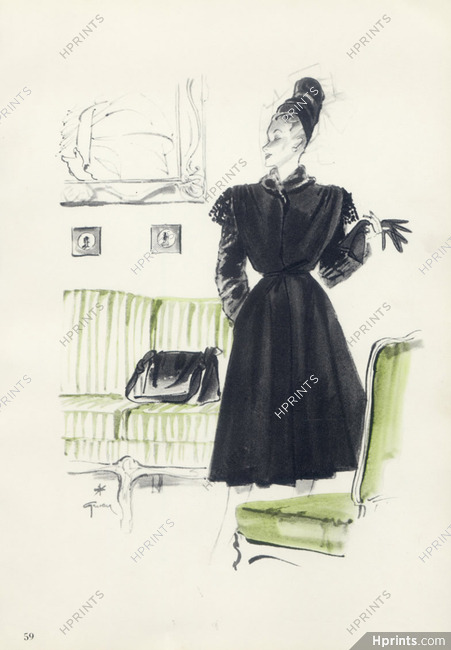 Robert Piguet 1945 Winter Coat, René Gruau Fashion Illustration