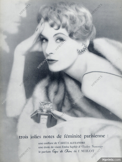 Millot (Perfumes) 1955 "Crèpe de Chine" Carita Hairstyle
