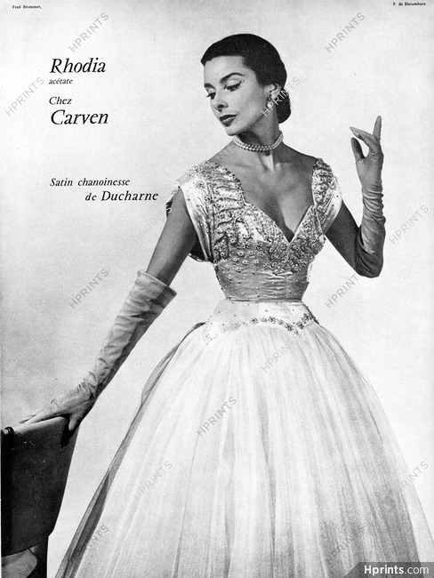 Carven (Couture) 1952 "Satin Chanoinesse" Ducharne, Evening Gown