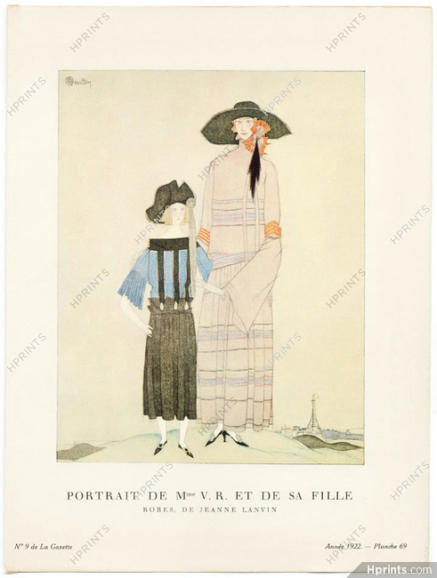 Portrait de Mme V. R. et de sa fille, 1922 - Charles Martin, Robes de Jeanne Lanvin. La Gazette du Bon Ton, n°9 — Planche 69