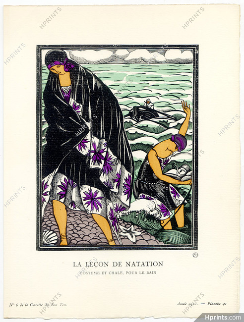 La Leçon de Natation, 1921 - Fernand Simeon, Costume et châle pour le bain. La Gazette du Bon Ton, n°6 — Planche 41