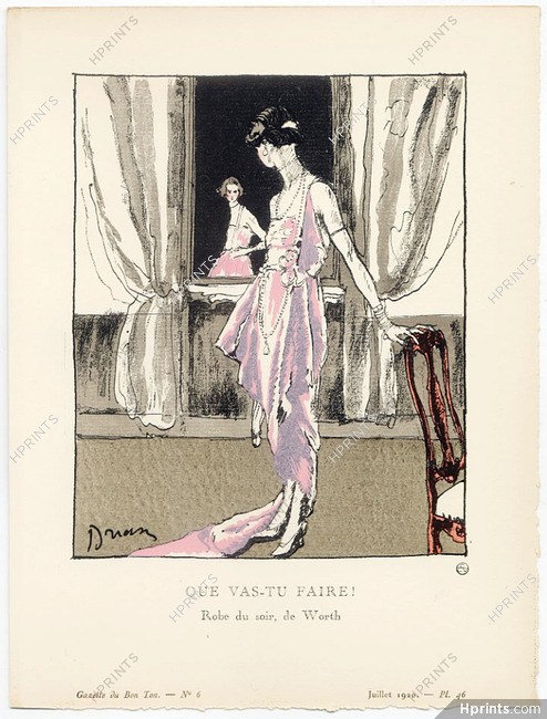 Que vas-tu faire !, 1920 - Etienne Drian, Robe du soir de Worth. La Gazette du Bon Ton, n°6 — Planche 46