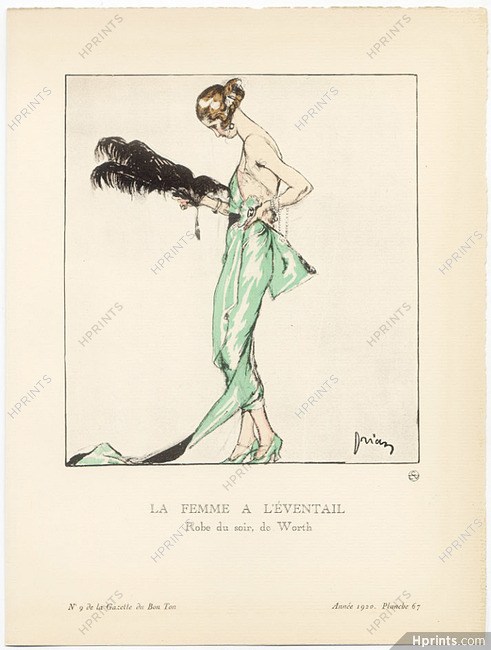 La Femme à l'Éventail, 1920 - Etienne Drian, Robe du soir, de Worth. La Gazette du Bon Ton, n°9 — Planche 67