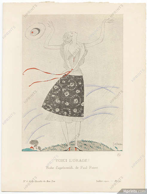 Voici l'orage !, 1920 - Georges Lepape, Robe d'après-midi de Paul Poiret. La Gazette du Bon Ton, n°6 — Planche 45