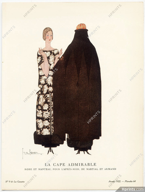 La Cape Admirable, 1922 - Georges Lepape, Robe et manteau pour l'après-midi de Martial et Armand. La Gazette du Bon Ton, n°9 — Planche 64