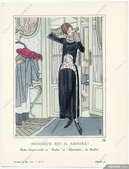Monsieur est-il rentré ?, 1920 - Benito, Robe d'après-midi en "Kasha" et "Djersador" de Rodier. La Gazette du Bon Ton, n°8 — Planche 56