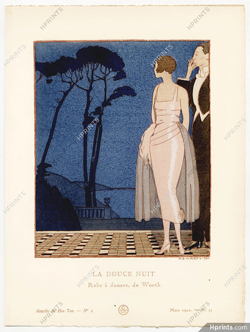La Douce Nuit, 1920 - A.E. Marty, Robe à danser de Worth. La Gazette du Bon Ton, n°2 — Planche 13