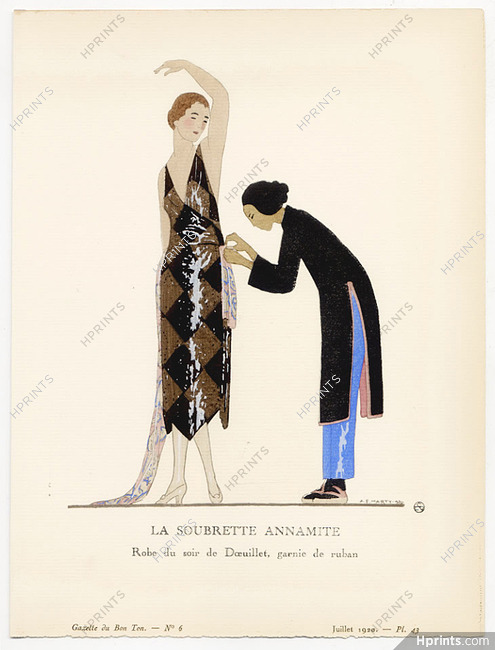 La Soubrette Annamite, 1920 - André Édouard Marty, Robe du soir de Doeuillet, garnie de ruban. La Gazette du Bon Ton, n°6 — Planche 43
