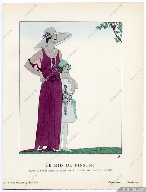 Le Nid de Pinsons, 1922 - A. E. Marty, Robe d'après-midi et robe de fillette de Jeanne Lanvin. La Gazette du Bon Ton, n°6 — Planche 45