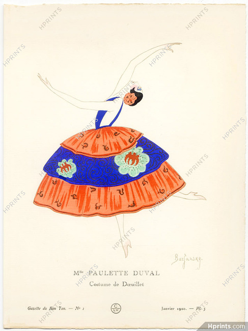 Mlle Paulette Duval, 1920 - Barjansky, Costume de Doeuillet, Ballet. La Gazette du Bon Ton, n°1 — Planche 5
