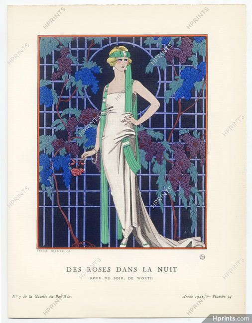 Des Roses Dans la Nuit, 1921 - George Barbier, Robe du soir, de Worth. La Gazette du Bon Ton, n°7 — Planche 54