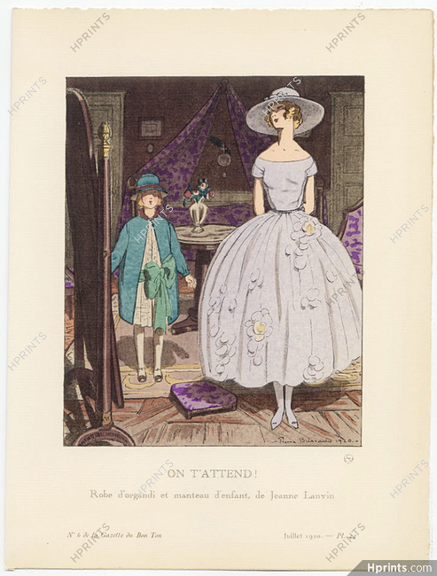 On t'attend !, 1920 - Pierre Brissaud, Robe d'organdi et manteau d'enfant de Jeanne Lanvin. La Gazette du Bon Ton, n°64 — Planche 44