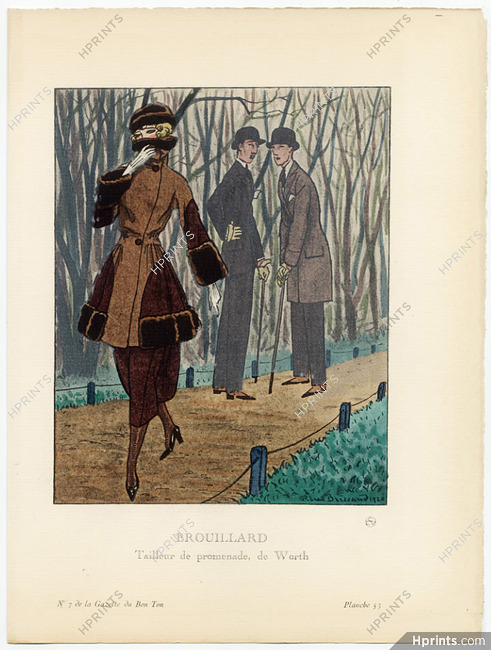 Brouillard, 1920 - Pierre Brissaud, Tailleur de promenade de Worth. La Gazette du Bon Ton, n°7 — Planche 55
