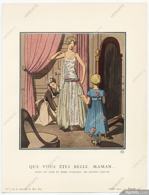Que vous êtes belle, maman..., 1922 - Pierre Brissaud, Robe du soir et robe d'enfant de Jeanne Lanvin. La Gazette du Bon Ton, n°3 — Planche 23