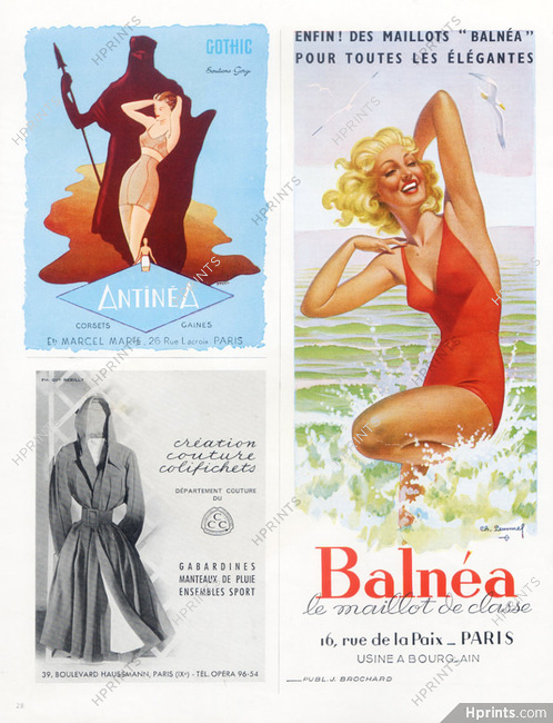 CCC (Raincoat), Balnéa (Swimwear), Antinéa (Corset) 1948 Charles Lemmel