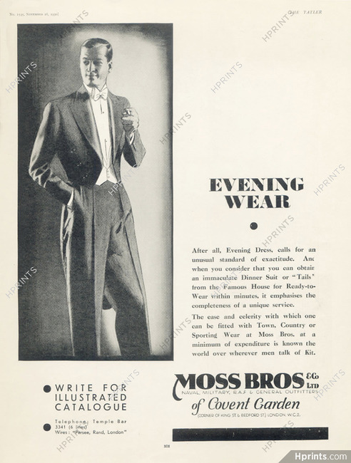 Moss bros (Men's Clothing) 1930 Evening Wear