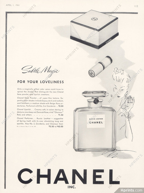 Chanel (Cosmetics & Perfumes) 1941 Face Powder, Lipstick, Russian Leather