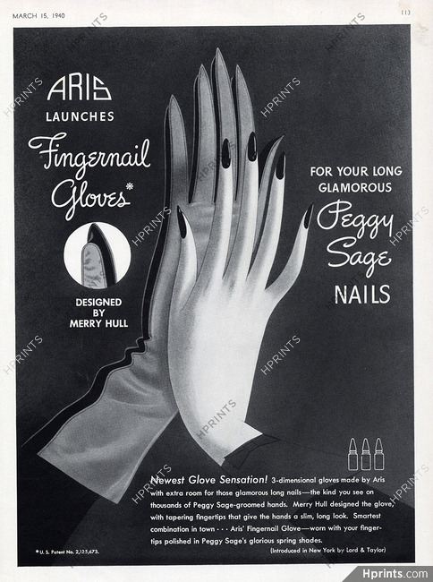 Peggy Sage (Cosmetics) 1940 Nail Polish, Aris (Gloves)
