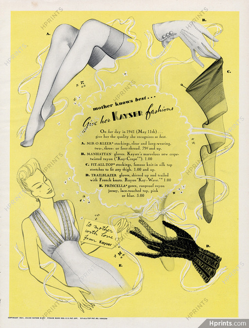 Kayser (Hosiery, Stockings) 1941 Gloves, Gown