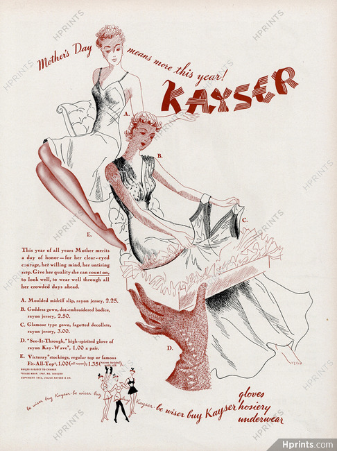 Kayser (Hosiery, Stockings) 1942 Gloves, Underwear, Nightgown