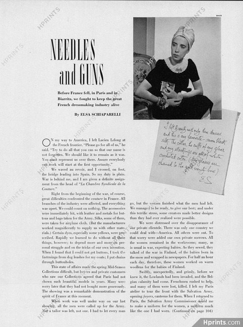 Needles and Guns, 1940 - Elsa Schiaparelli, Text by Elsa Schiaparelli, 3 pages