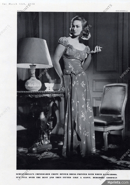 Schiaparelli (Couture) 1940 Dinner Dress, Printed with white Kangaroos