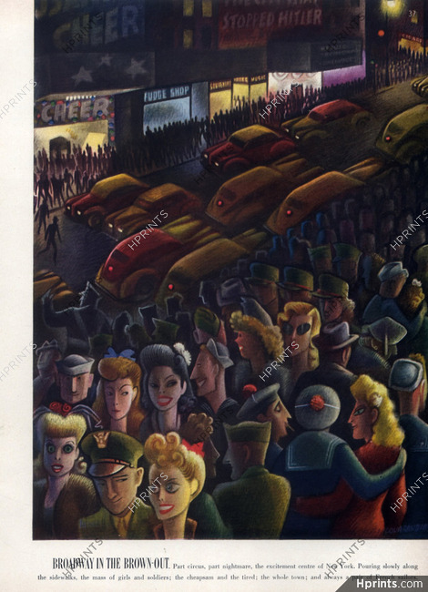 Miguel Covarrubias 1943 Broadway in the Brown-Out, Centre of New York, Girlds and Soldiers, French Sailors