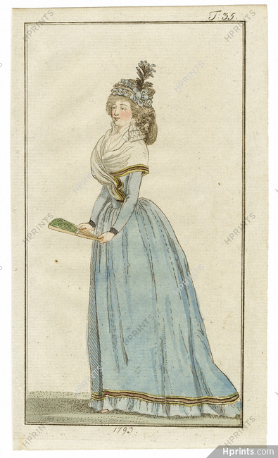 Journal des Luxus und der Moden 1793 n°35, Celebratory Light Blue Dress, Fan, Hand-colored engraving