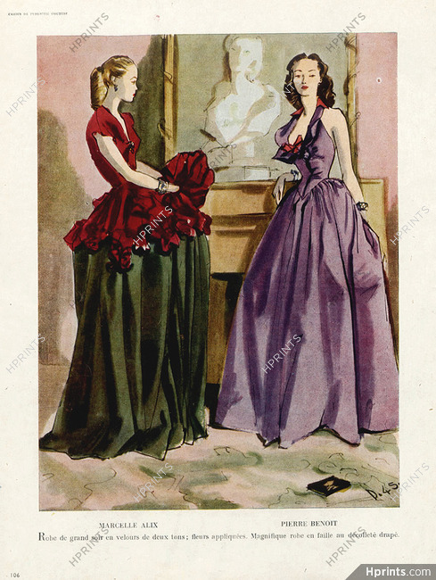 Delfau 1945 Marcelle Alix & Pierre Benoît Evening Gown Fashion Illustration