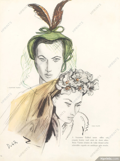 André Delfau 1947 Suzanne Talbot & Rose Valois, Feutre vert, Capote en antilope