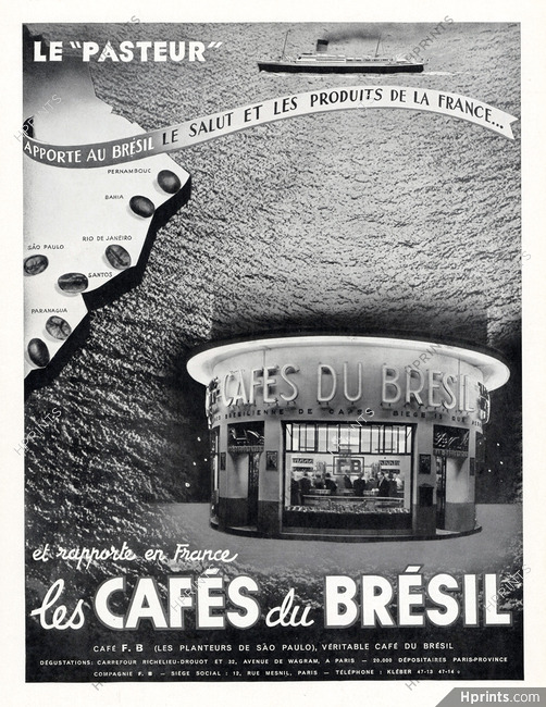 Café du Brésil 1939 Pasteur Ocean Liner, Sao Paulo, Rio, Bahia, Pernambouc, Santos, Paranagua