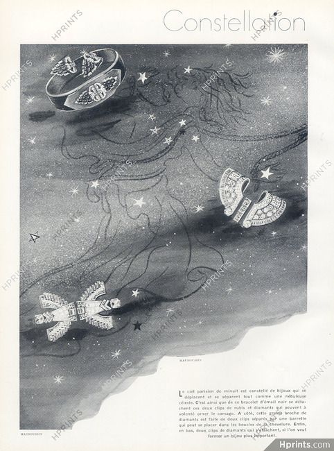 Mauboussin 1935 "Constellation" Clips, Bracelet Art Deco, Renéburel