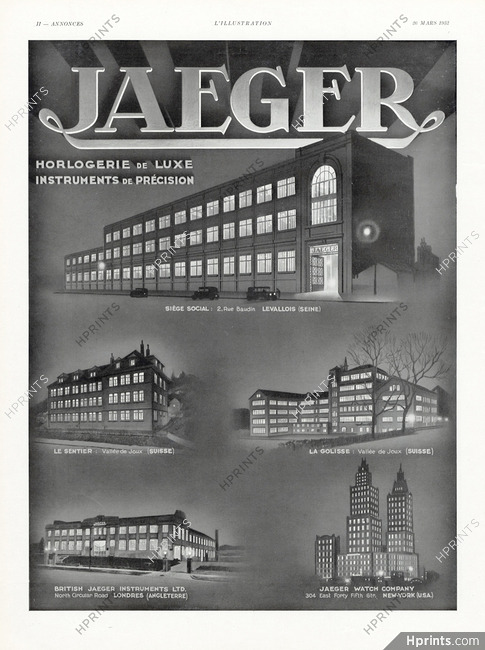 Jaeger 1932 Levallois, Usines Le Sentier, La Golisse, Londres, NewYork, Factories