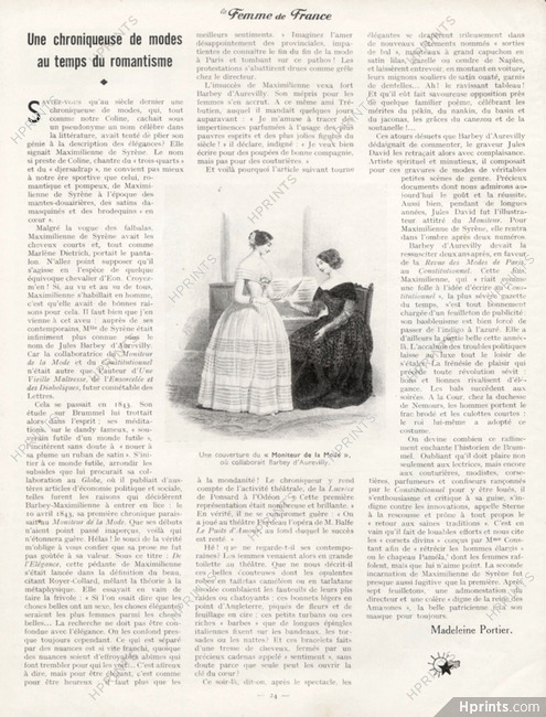 Une Chroniqueuse de Mode au Temps du Romantisme, 1934 - Maximilienne de Syrène Barbey d'Aurevilly, Text by Madeleine Portier