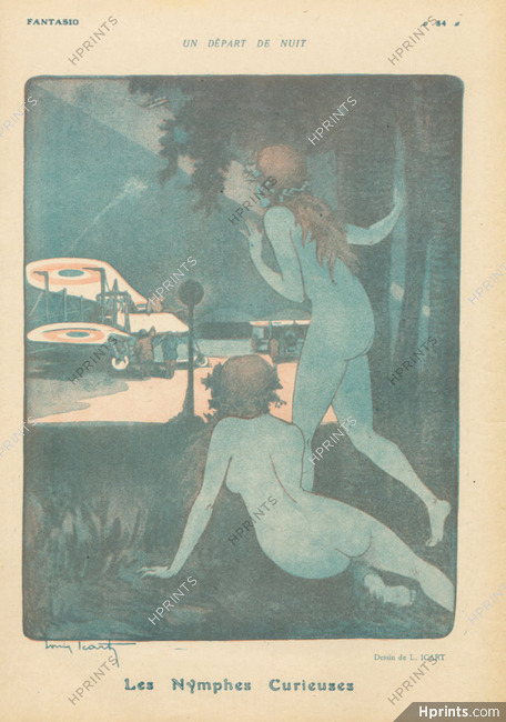 Les Nymphes Curieuses, 1917 - Louis Icart Nude, Airplane, World War I
