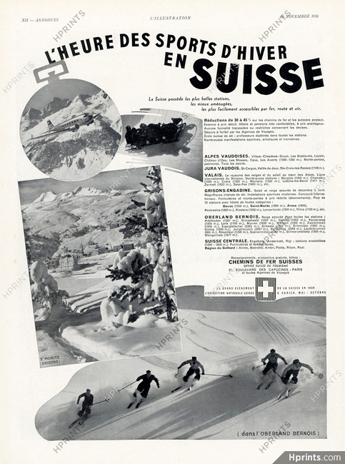 Office du Tourisme - Suisse (Switzerland) 1938 St Moritz, Oberland Bernois
