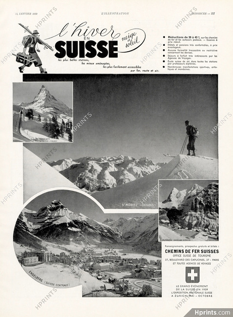 Office du Tourisme - Suisse (Switzerland) 1939 Zermatt St Moritz Engelberg Murren