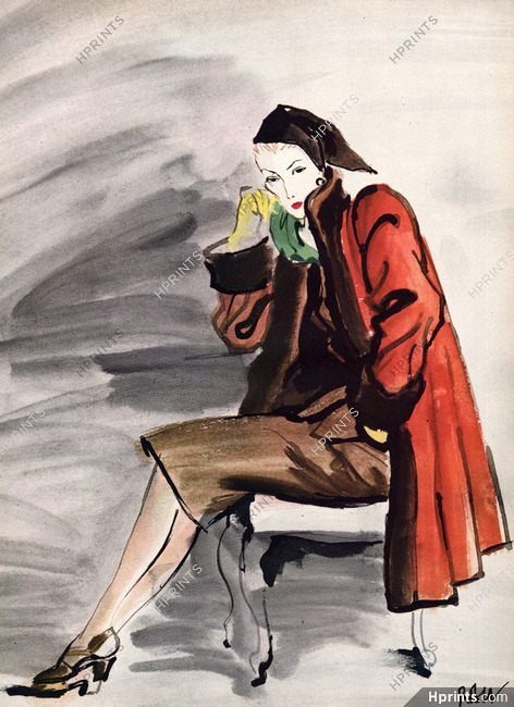 René Bouët-Willaumez 1944 Tangerine coat of Fortsmann wool lined with nutria