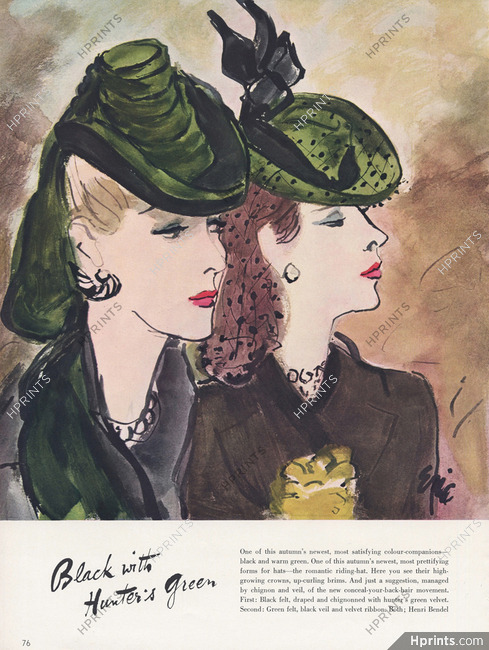 Eric 1941 Black and Green Hats, Henri Bendel