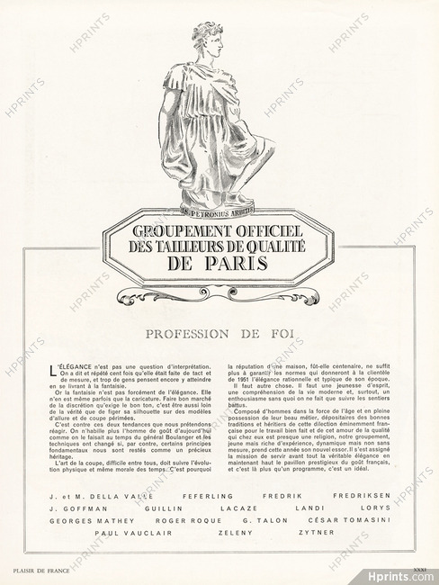Les Tailleurs de Haut Luxe de Paris 1951 Profession de Foi