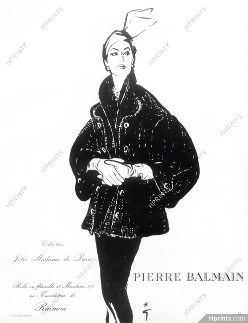 Pierre Balmain 1953 René Gruau, Dress & Coat, Raimon