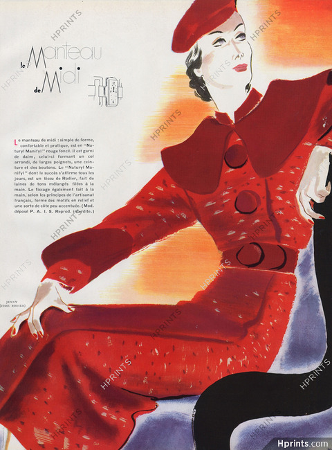 René Gruau 1935 Jenny ''Le Manteau de Midi'', Rodier (Fabric)