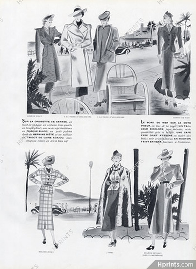 René Gruau 1937 "Sur la croisette de Cannes" A La Reine D'Angleterre, Héhène Jiday, Kostio de War, Jassel, Hélène Devinoy