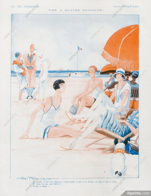 Henry Fournier 1925 Bathing Beauty, Beach, French Bulldog