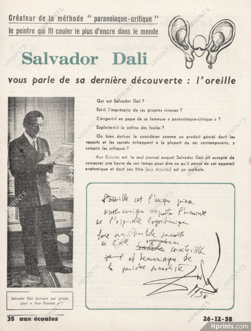 Salvador Dali 1958 Newspaper article "The Ear" Autograph